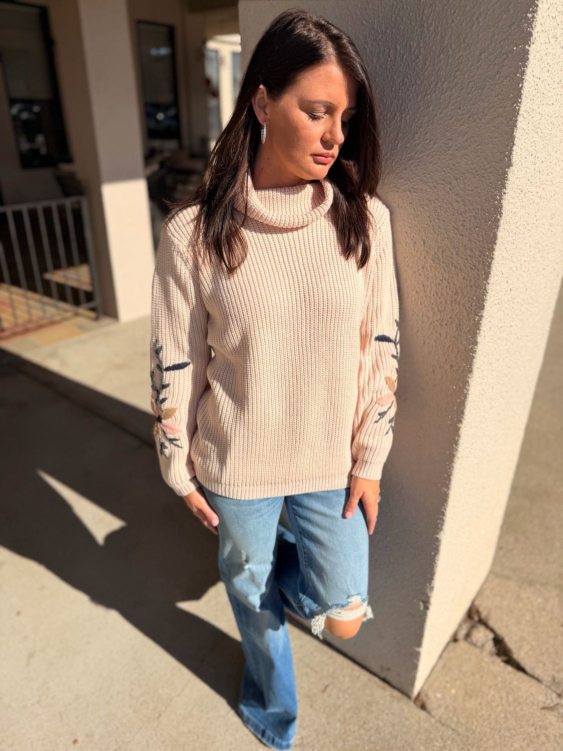 Cowl-Neck Embroidered Detail Sweater