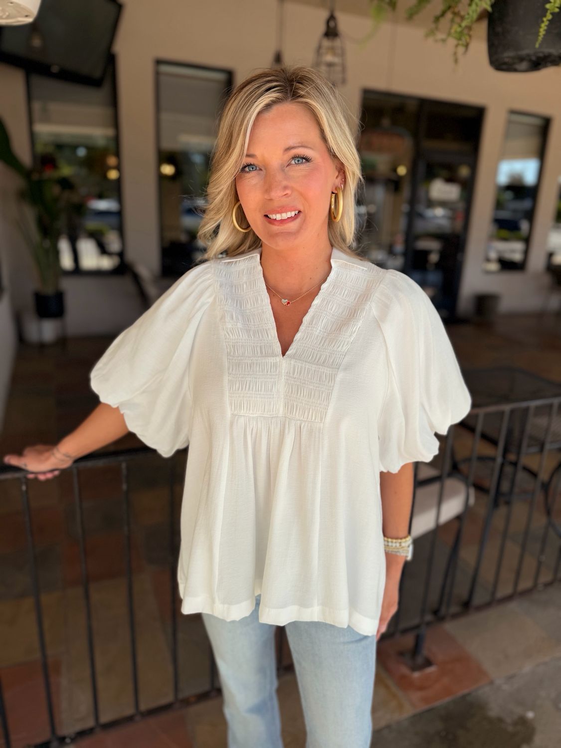 Smocked V-Neck Top