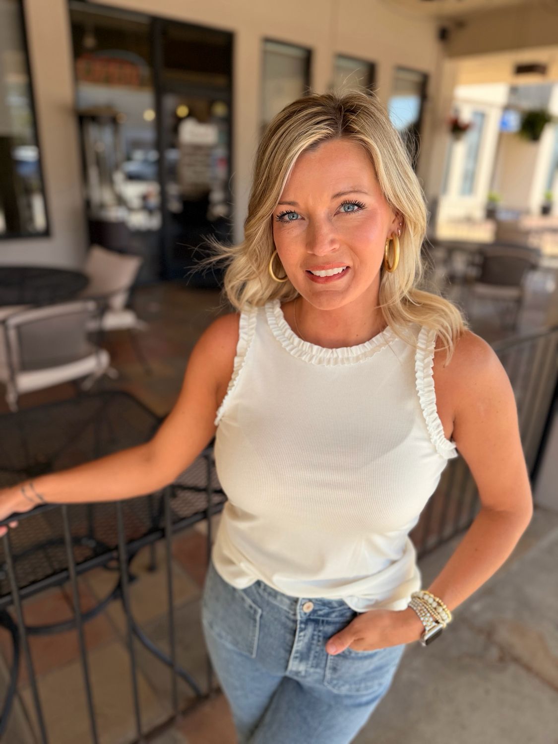 Ruffle Trim Cap Sleeve Top