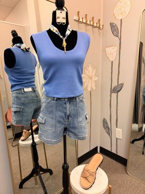 High Rise Cargo Denim Shorts