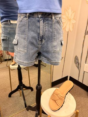 High Rise Cargo Denim Shorts