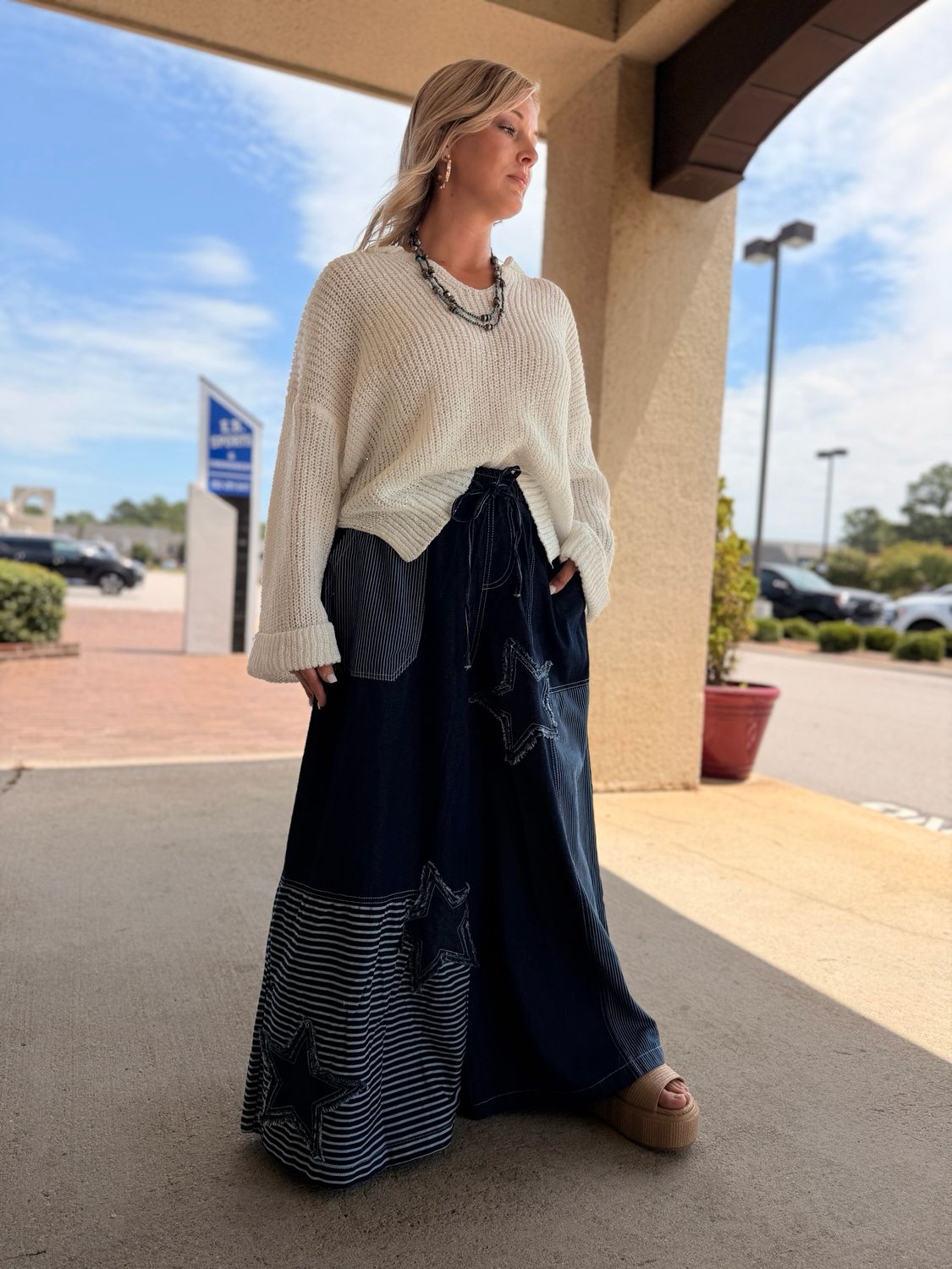 Star Patch Denim Wide Leg Pants