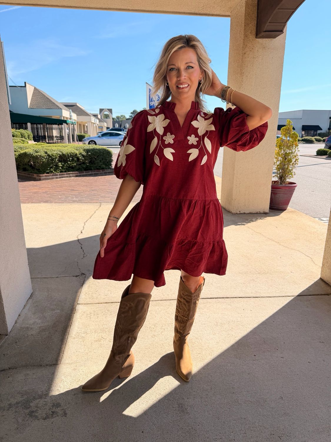 Floral Embroider Puff Sleeve Mini Dress