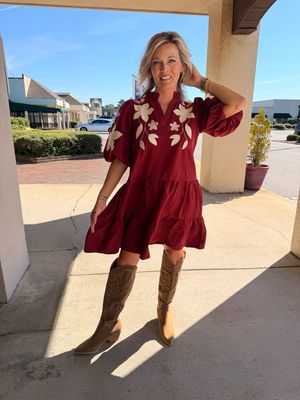 Floral Embroider Puff Sleeve Mini Dress