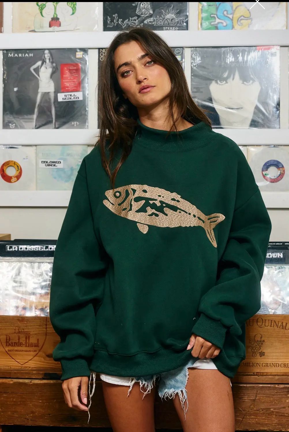 Fish Embroidered Mock Neck Sweatshirt