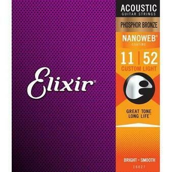 Elixir 11027 Acoustic Guitar Strings Phosphor Bronze Nanoweb Custom Light 11-52