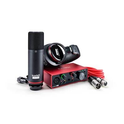 Focusrite Scarlett Solo Studio (Gen 3) 2-in/2-out USB audio interface with a condenser microphone and headphones
