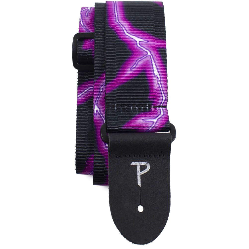 Perris 2&quot; Ribbed Polyester &quot;Neon Purple Lightning&quot; Guitar Strap with Leather ends