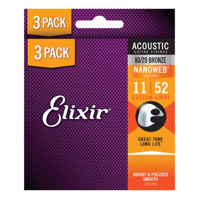 Elixir  Acoustic Guitar Strings 80/20 Nanoweb Custom Light 11-52 3 pack Elixir  Acoustic Guitar Strings 80/20 Nanoweb Custom Light 11-52 3 pack