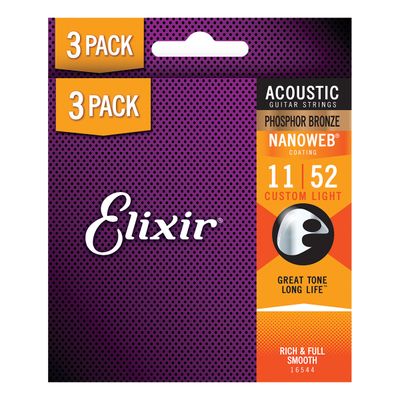 Elixir  Acoustic Guitar Strings Phosphor Bronze Nanoweb Custom Light 11-52 3 pack Elixir  Acoustic Guitar Strings Phosphor Bronze Nanoweb Custom Light 11-52 3 pack