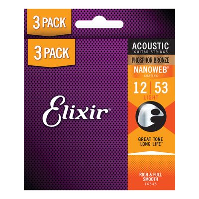 Elixir  Acoustic Guitar Strings Phosphor Bronze Nanoweb Custom Light 12-53 3 PACK