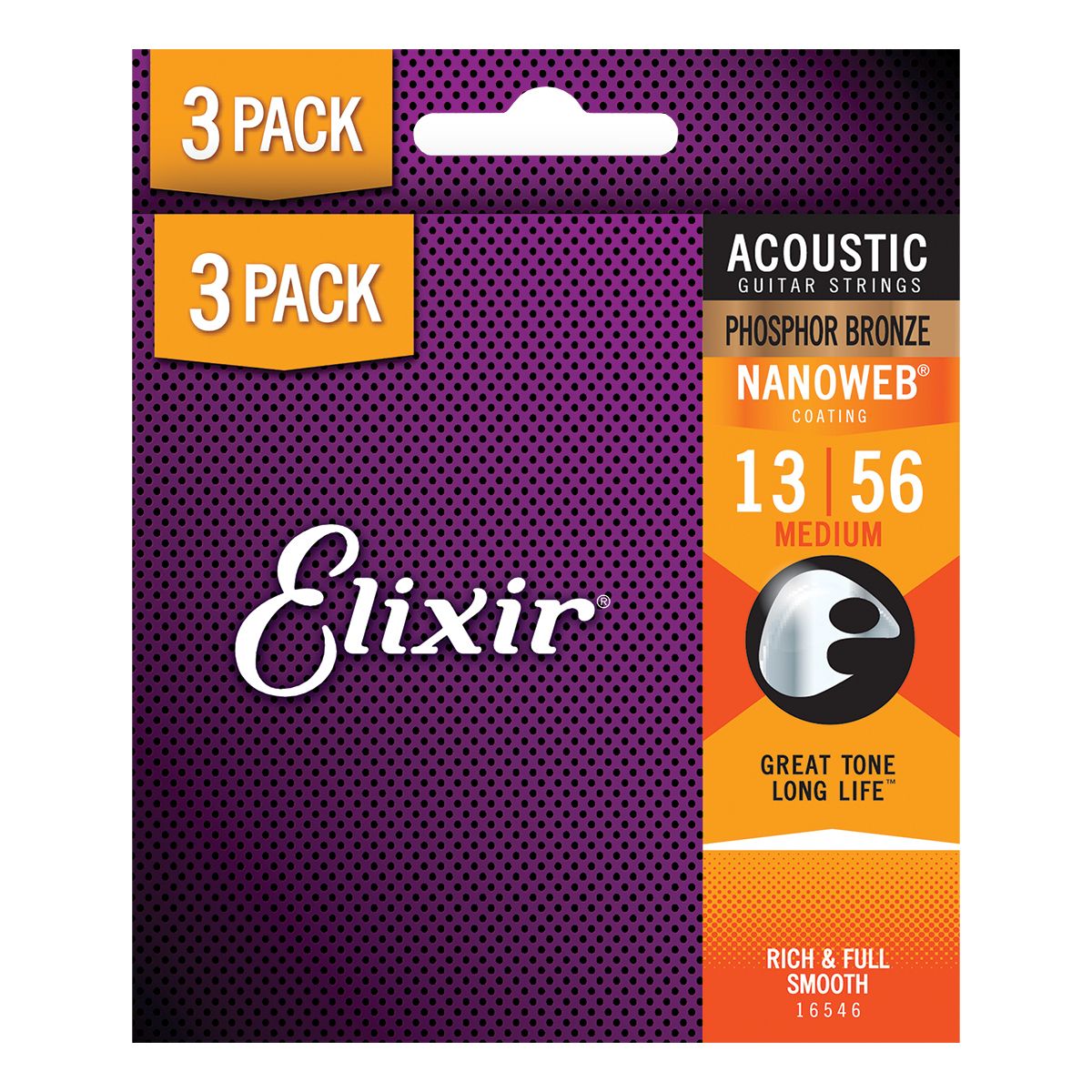 Elixir  Acoustic Guitar Strings Phosphor Bronze Nanoweb Custom Light 13-56 3 PACK