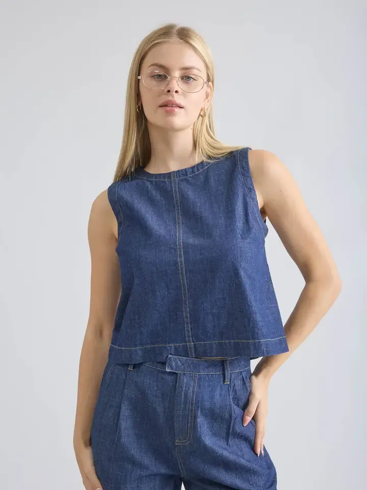 Back Button Denim Top