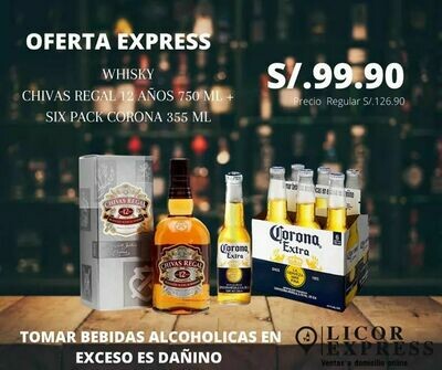 Whisky Chivas Reagal 12 años 750 ml. + Six pack corona 355 ml