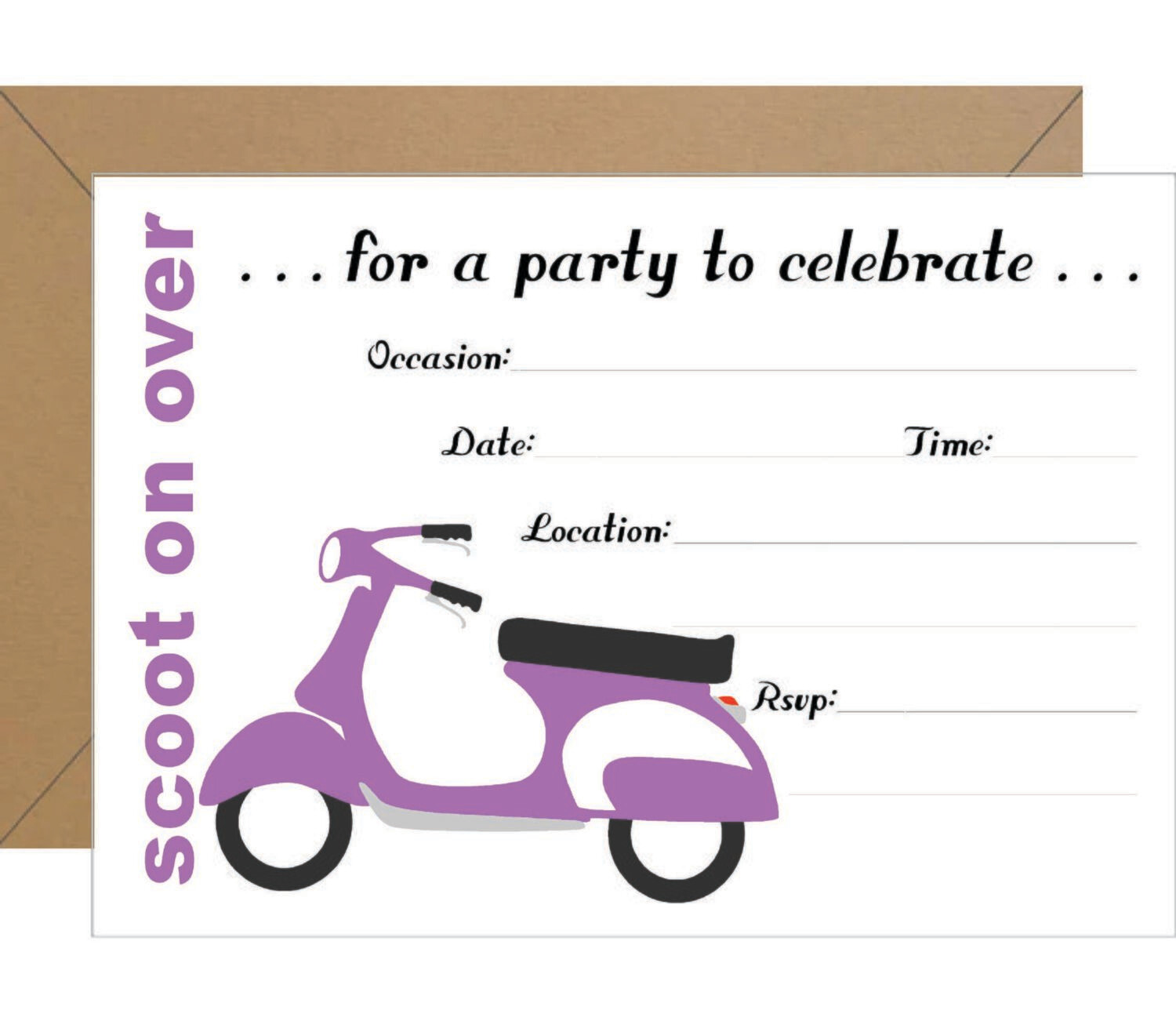 &quot;Scoot on Over&quot; Purple Fill In Invitation - Printable