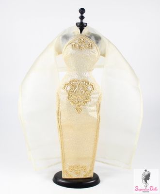 2023 JHD FASHION DOLL Convention: &quot;Katiegirl Gold Qipao&quot; Doll Dress &amp; Stole