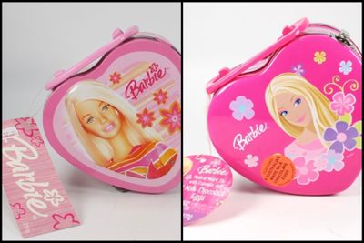 2 X 2000&#39;s Era Licensed Barbie Heart Shaped Musical Tin Boxes