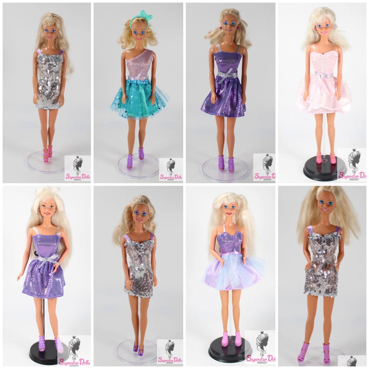 8 X 90&#39;s Superstar Era Barbie Dolls in Clone Fashions LOT