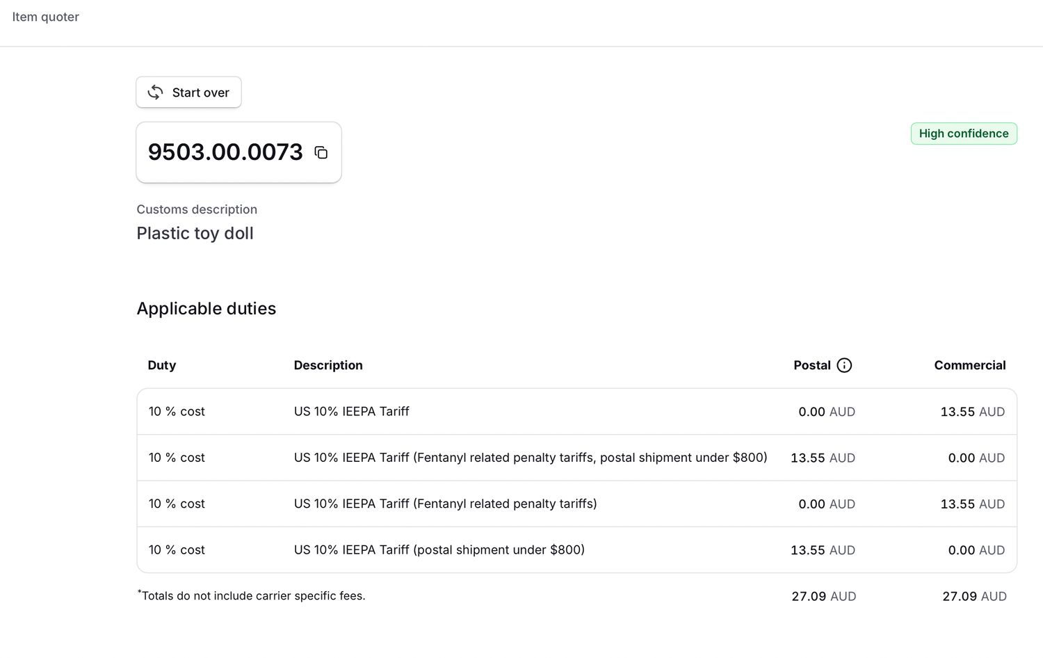 TARIFF CHARGE FOR ORDER #5091