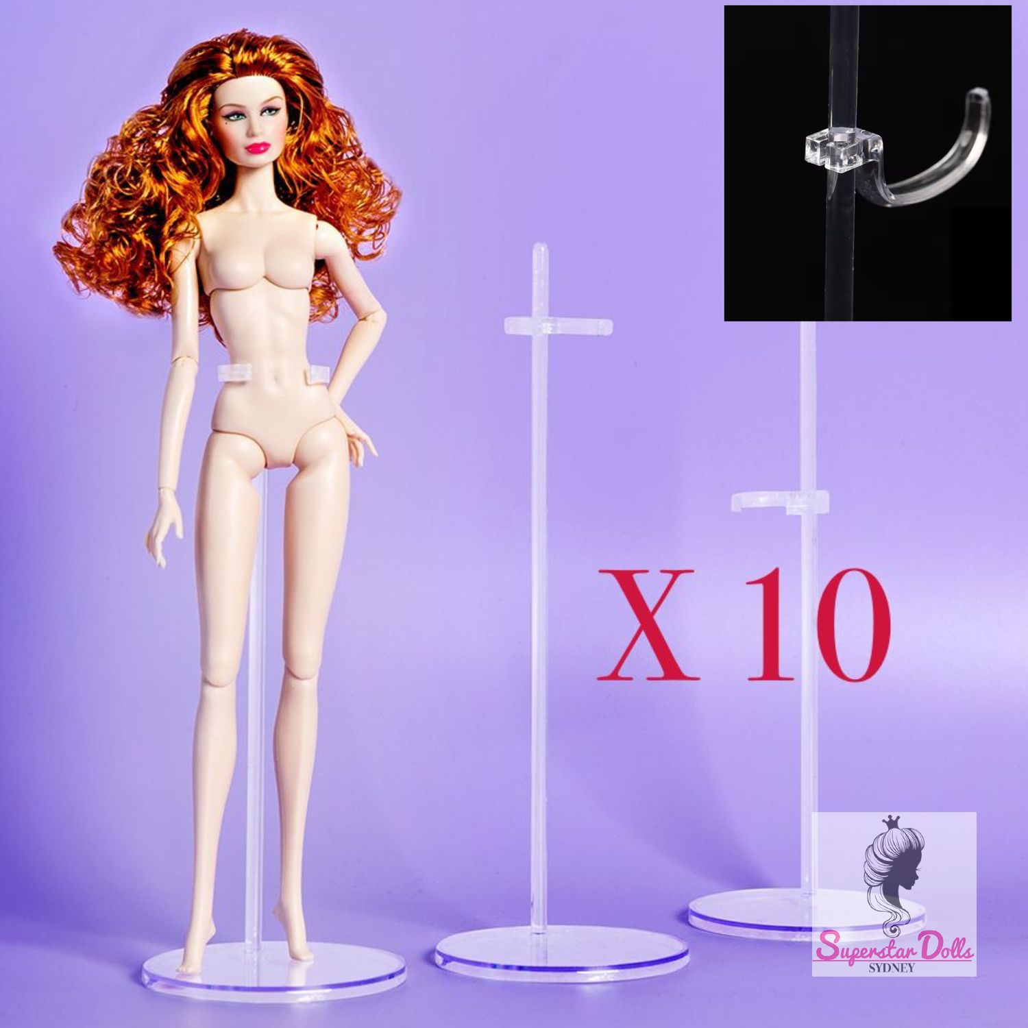 PACK OF 10 X Transparent Stands with Optional Waist &amp; Saddle Style Brackets For 1:6 Fashion Dolls up to 13.5"