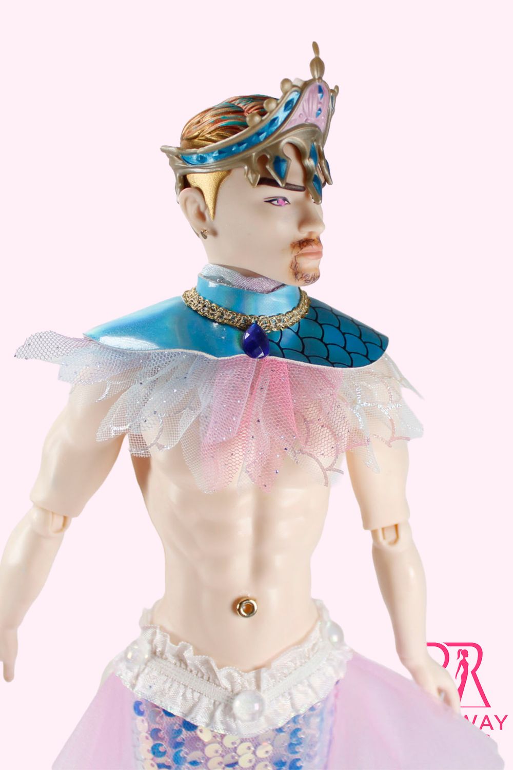 2026 Runway Dolls "Ocean Warrior-Pink Anemone" OOAK Muscle Merman Fashion Doll