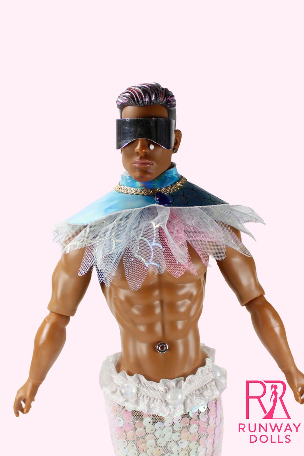 2026 Runway Dolls "Ocean Warrior-Silver Anemone" OOAK Muscle Merman Fashion Doll