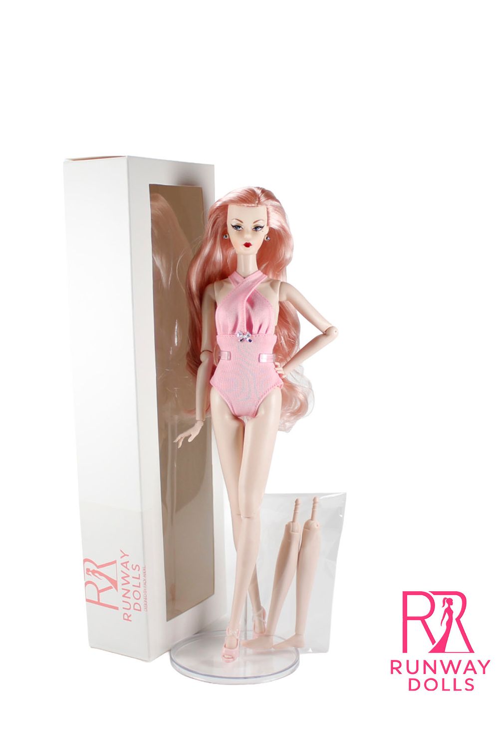 Runway Dolls 12.5" "Vintage Stye" Supermodel Swimsuit Fashion Doll with Exchangeable Legs-Pink Side-Part