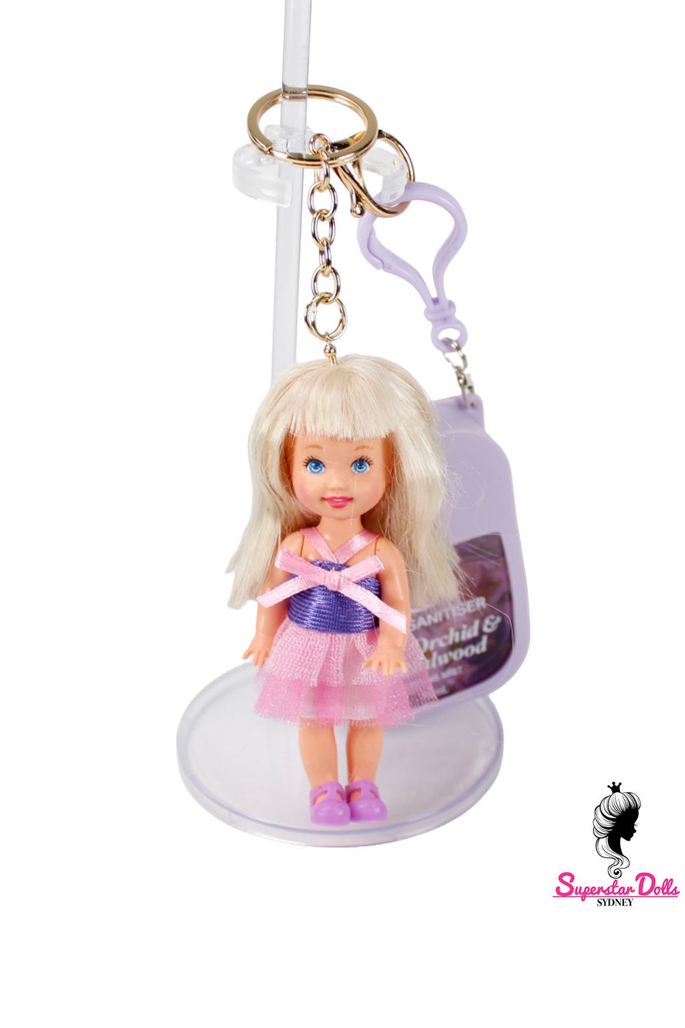 90's Era: OOAK 4" Kelly Custom Barbie Doll Keychain/Bag Charm with Hand Sanitiser