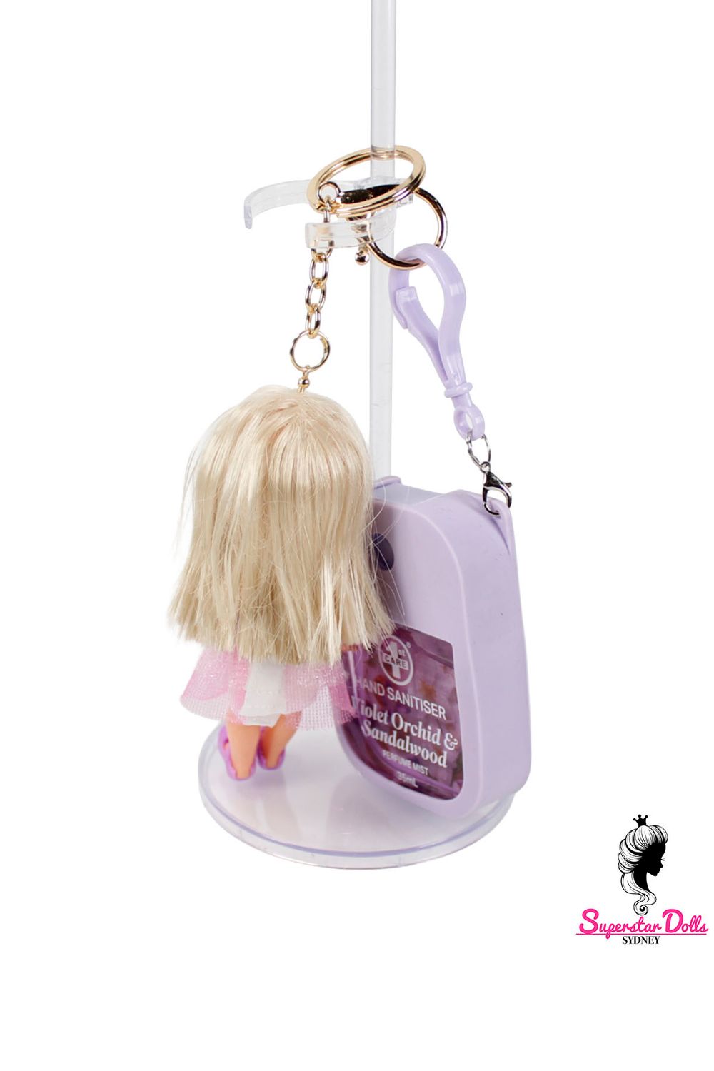 90's Era: OOAK 4" Kelly Custom Barbie Doll Keychain/Bag Charm with Hand Sanitiser
