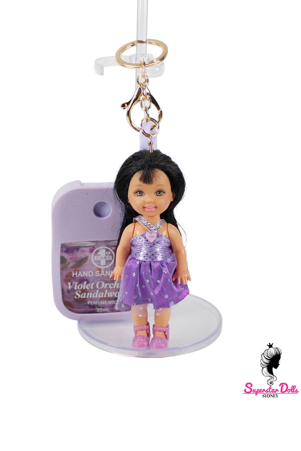 90's Era: OOAK 4" Kelly Custom Barbie Doll Keychain/Bag Charm with Hand Sanitiser