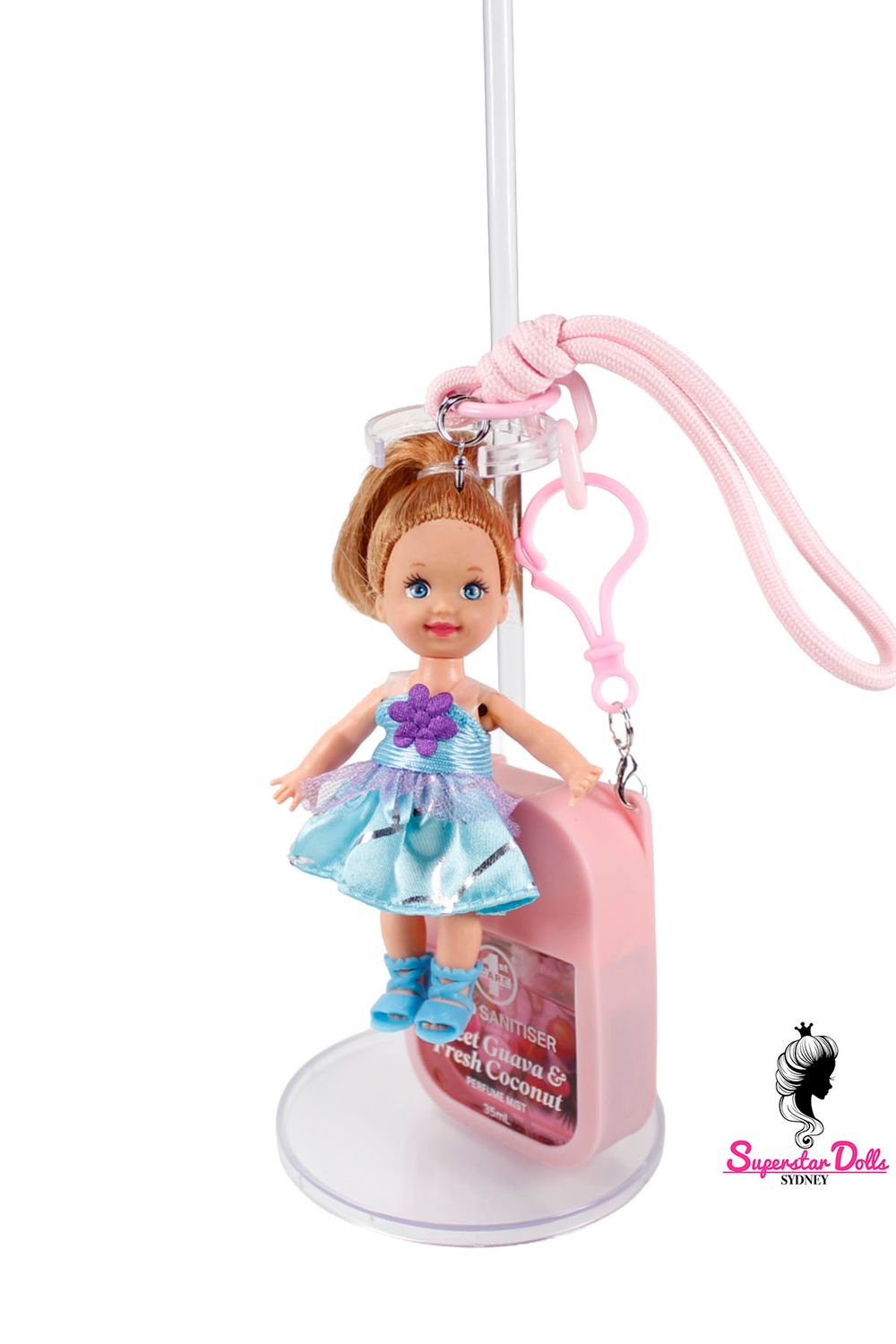 90's Era: OOAK 4" Kelly Custom Barbie Doll Keychain/Bag Charm with Hand Sanitiser