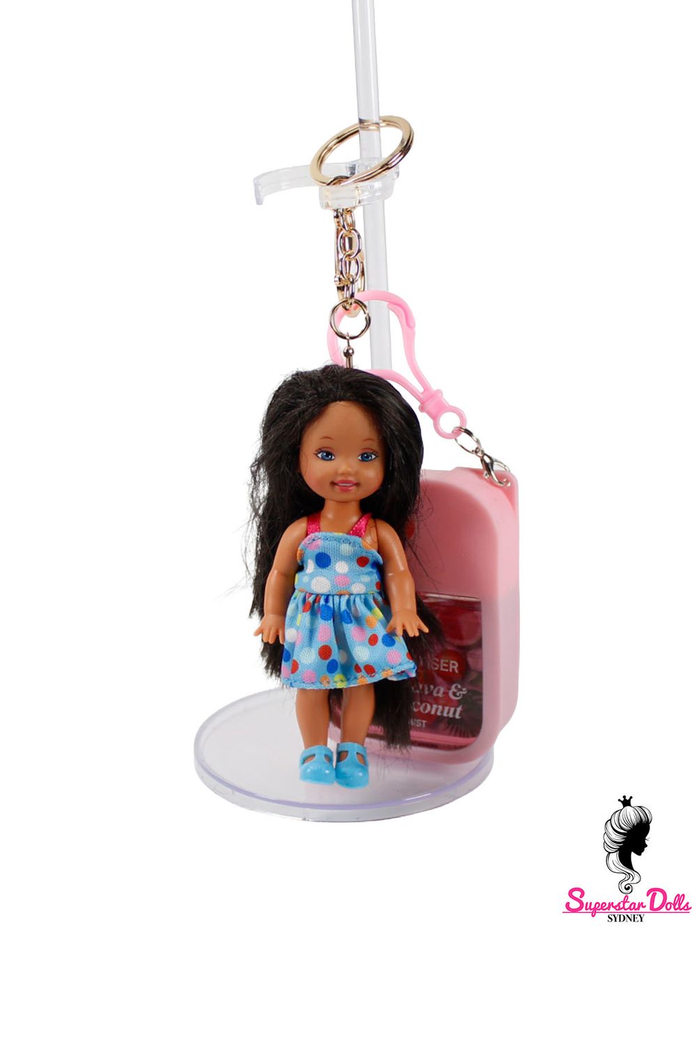 90's Era: OOAK 4" Kelly Custom Barbie Doll Keychain/Bag Charm with Hand Sanitiser