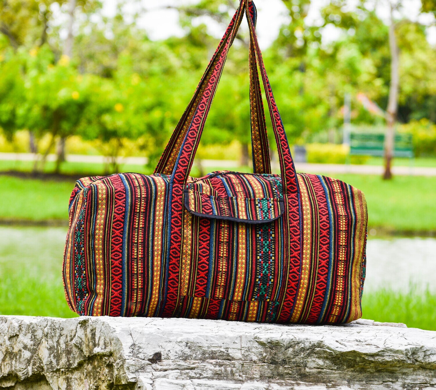 Duffle Bag colorful Thai Hill Tribe stripes - Boho Weekender bag,Overnight  Travel bag Tote weekend bag,Handmade Woven bag, Large Work bag