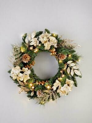 Pre-Lit Hydrangea Christmas Wreath in Gold