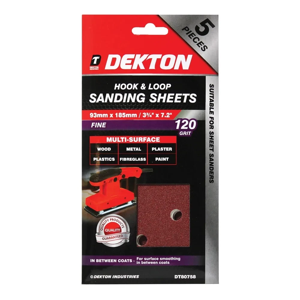 DEKTON 5PC HOOK AND LOOP SANDING SHEETS 93MMX185MM/ FINE – 120 GRIT