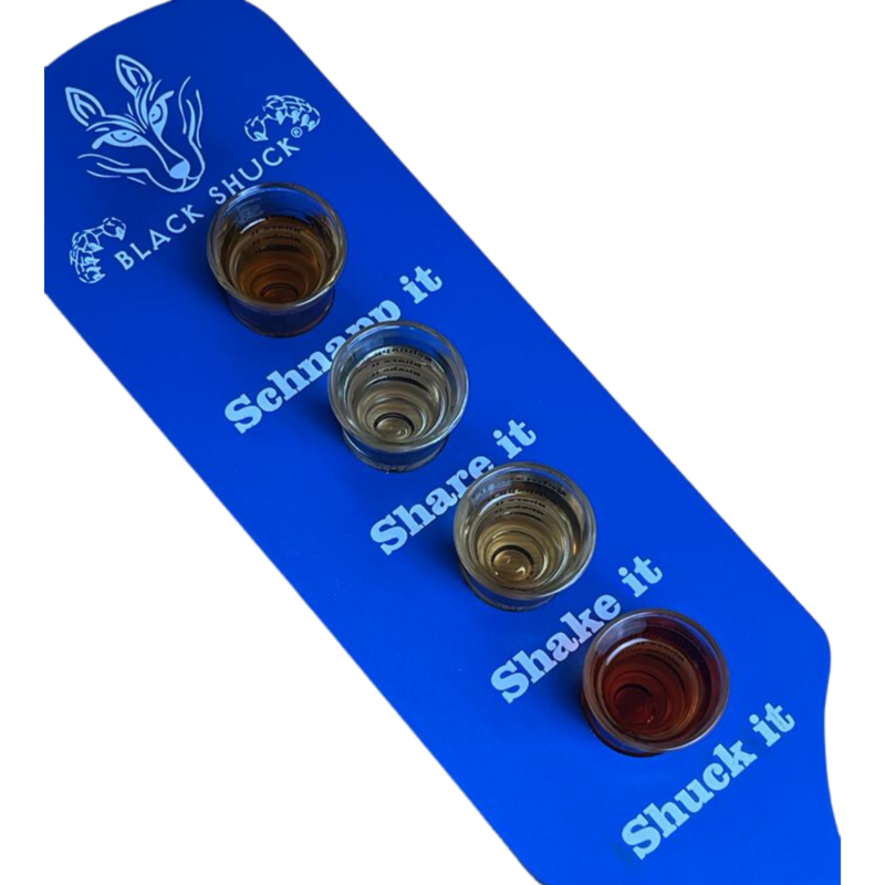 BLACK SHUCK SCHNAPPS PADDLE & 4 SHOT GLASSES