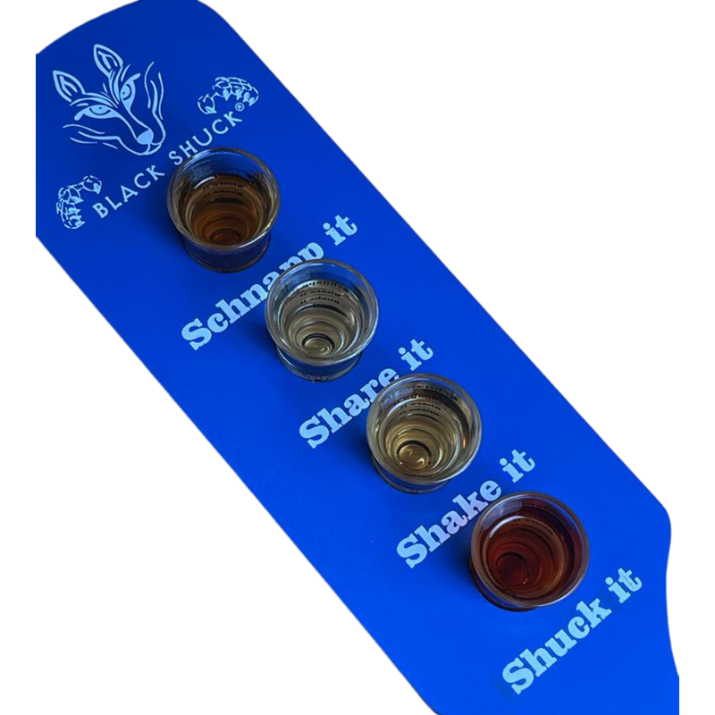 BLACK SHUCK SCHNAPPS PADDLE & 4 SHOT GLASSES