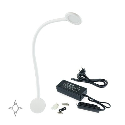 Emuca LED-Wandleuchte, rund, flex. Arm, Touch-Sensor, 2USB, natürliches weißes Licht, Kunststoff, Weiß + Konstant-Spann.wandler 30W