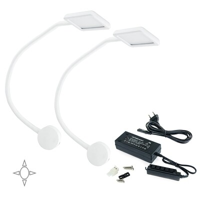 Emuca LED-Wandleuchte, quadr., flex. Arm, Touch-Sensor, 2USB, naTürl. weißes Licht, Kunststoff, Weiß + Konstant-Spann.wandler 50W, 2 St.
