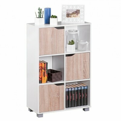 Design Bücherregal SAMO Modern Holz Weiß mit Türen Sonoma Eiche Standregal freistehend 6 Fächer 60 x 90 x 30 cm