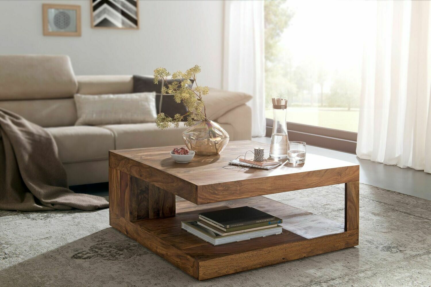Couchtisch MUMBAI Massiv-Holz Sheesham 90 cm breit Design Wohnzimmer-Tisch dunkel-braun Landhaus-Stil Beistelltisch