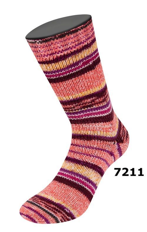 Sockenwolle 4-fädig/100g  Cool Wool 4 Socks  Print, Farbe & Bestand: 7211-Orchidee/Ecru/Fuchsia/Dunkelrot/Mandarin/Gelb