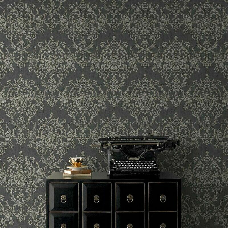 Victorian Damask Black &amp; Gold Wallpaper