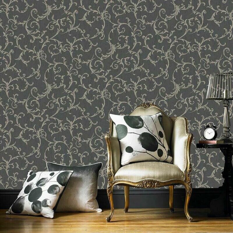 Empress Scroll Black And Gold Wallpaper