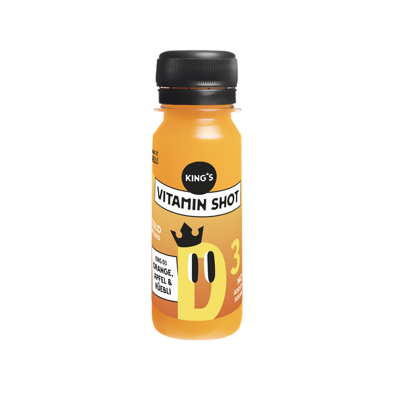 Vitaminshot mit Orange, Apfel, Karotten, Ingwer, Vitamin D3. 100% natürlich, 60ml. Im 12er, 24er oder 36er Pack.