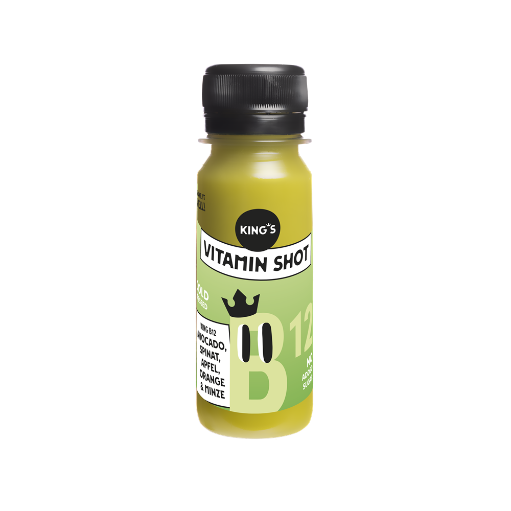 King B12 Vitaminshot mit Avocado, Spinat, Apfel, Orange, Minze, Vitamin B12. 100% natürlich, 60ml. Im 12er, 24er oder 36er Pack.