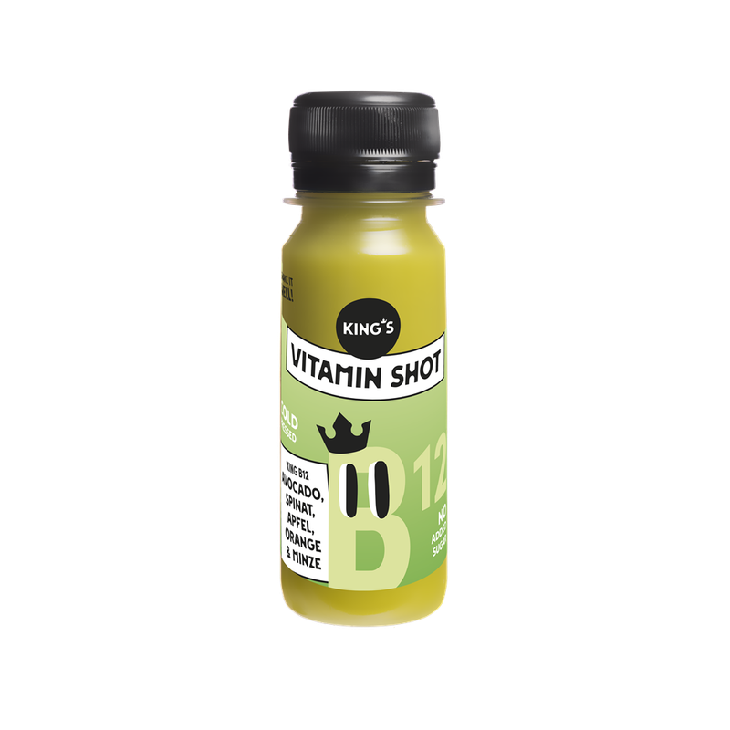 King B12 Vitaminshot mit Avocado, Spinat, Apfel, Orange, Minze, Vitamin B12. 100% natürlich, 60ml. Im 12er, 24er oder 36er Pack.