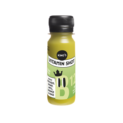 King B12 Vitaminshot mit Avocado, Spinat, Apfel, Orange, Minze, Vitamin B12. 100% natürlich, 60ml. Im 12er, 24er oder 36er Pack.