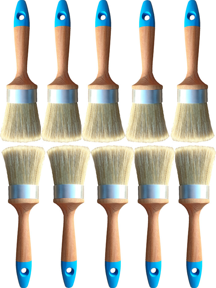 10 Chalk Paint Premium Quality Medium Brushes. Finest Boar Bristles With Aluminum Oval Ferrule