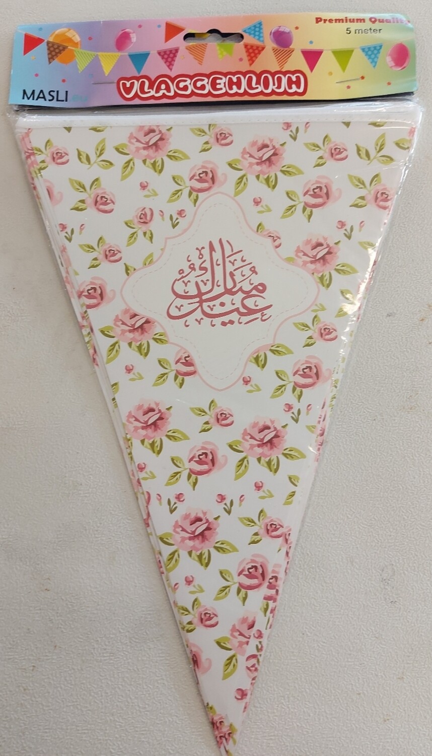 Eid Mubarak vlaggenslinger roze met groen gebloemd